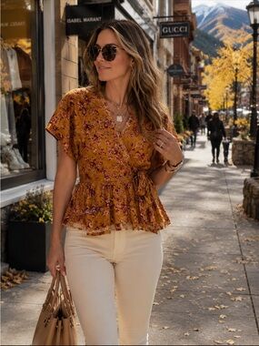 Napean Sea Rd NSR Mustard Floral Peplum Top